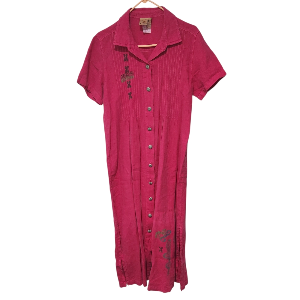 Blue Cactus Vintage Linen Pink Dress  Buttond Front Tribal Art To Wear Size M